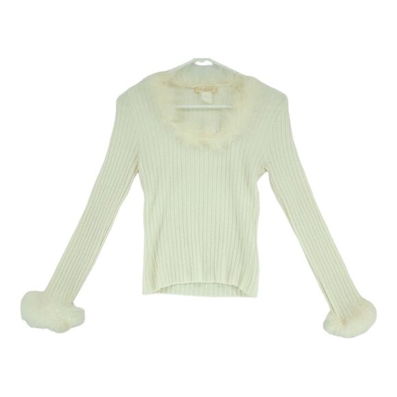 Vintage Small Vertigo Paris White Ribbed Sweater with Feather Collar and Sleeve - Picture 1 of 8